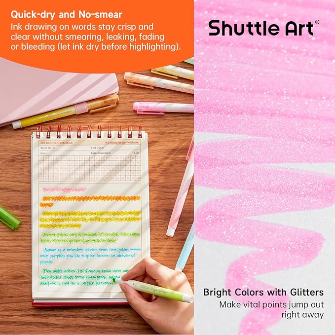 Glitter Highlighters, Shuttle Art 10 Sparkle Colors Chisel Tip Fluorescent Markers, Quick-Dry Non-Toxic Aesthetic Shimmer Highlighter Pens for Kids Teens Adults, Perfect for School Office Art Supplies-DeskLoop Office