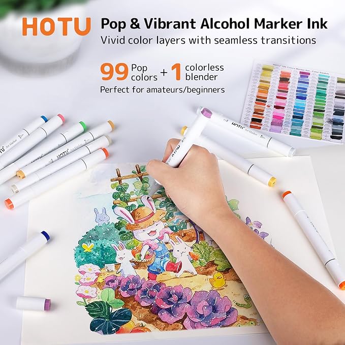 Alcohol Markers, [Beginner Preferred] 100 Vibrant Colors & Dual Tips Art Markers for Kids/Adult Coloring, with Pro Ink, Seamless Blend, Non-Bleeding Pad, & Color Card, for Amateurs/Artists-DeskLoop Office