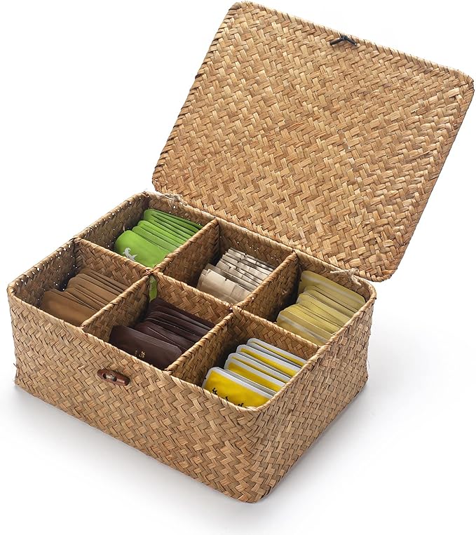Tea Bag/Sugar Packet Holder, Coffee Station Condiment Organizer, Seagrass Storage Basket, Wicker Rattan Divided Basket Organizer for Drawer/Shelf/Countertop-DeskLoop Office