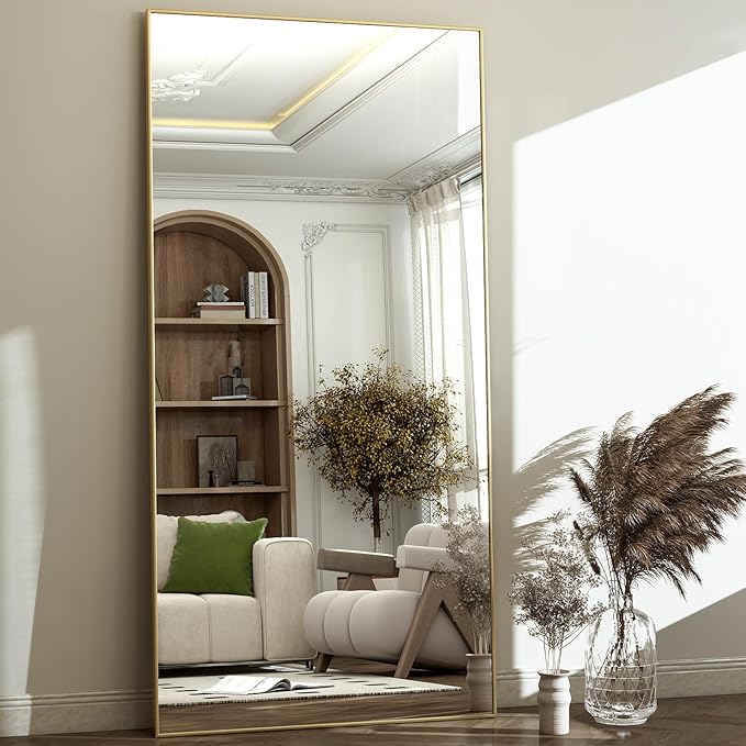 GLSLAND 71"x31" Full Length Mirror Extra Large Hanging or Leaning Rectangle Mirror Aluminum Alloy Thin Frame Bedroom Floor Dressing,Gold-DeskLoop Office