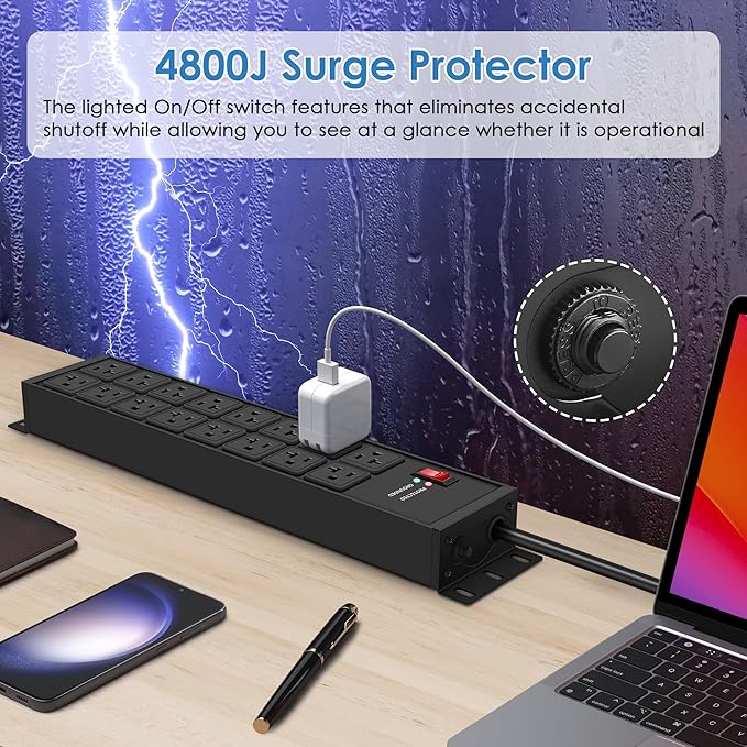 JUNNUJ Heavy Duty 20 Amp Power Strip 4800J, 16 Outlets 12 Gauge Garage Industrial Surge Protector, High Amp 5-15P Adapter Shop 6-20R T-Slot Metal Outlet, 10 FT Extension Cord Commercial for Appliance-DeskLoop Office