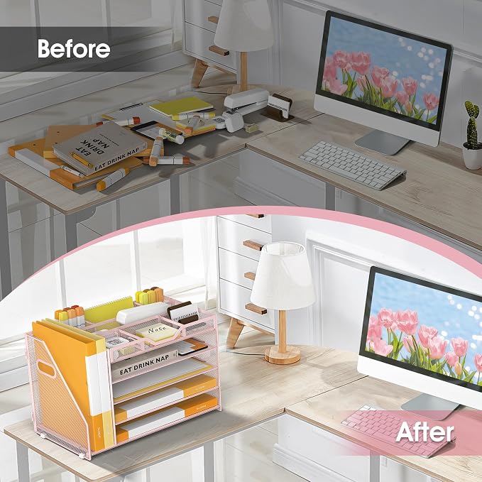 5 Tier Paper Letter Tray with File Holder and 3 Drop-in Pen Holders, Mesh Desk - Image 5