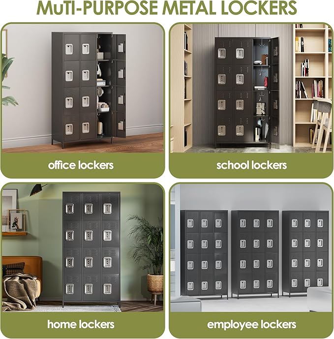 Metal Lockers for Employees with 12 Door and 12 Hooks,Metal Storage Locker with Lock for School Office Gym Bedroom,Assembly Required,Dark Grey-DeskLoop Office
