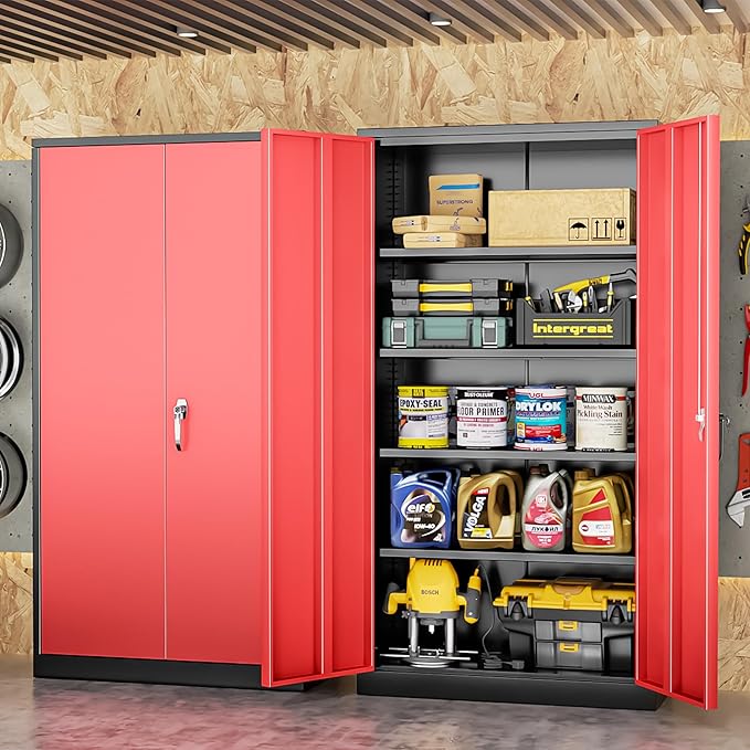INTERGREAT Garage Storage Cabinet with Lockable Door, 72" H Metal Locking Cabinets with 4 Adjustable Shelves,Black Red Steel Cabinets Storage for Home Office, Warehouse，School-DeskLoop Office