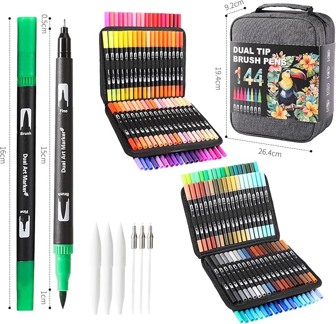 Double Brush Marker Pens, 144 Colors Art Markers Set with Fine Tip and Brush Tip for Kids Adult Coloring Book Hand Lettering Calligraphy Drawing Art Supplies Kit-DeskLoop Office