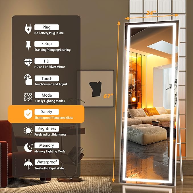 Hasipu Full Length Mirror with Lights, 67" x 24" LED Lighted Floor Standing, Full Body Dressing Hanging Mounted Mirror, Dimmable, Tempered Glass, Safe to Use, Square White-DeskLoop Office