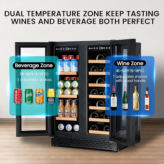 24 Inch Wine and Beverage Refrigerator Under Counter, Dual Zone Black Beverage Fridge with Glass Door&Lock,20 Bottles & 88 Cans Wine and Beverage Cooler, Freestanding Mini Fridge for Bedroom Home-DeskLoop Office