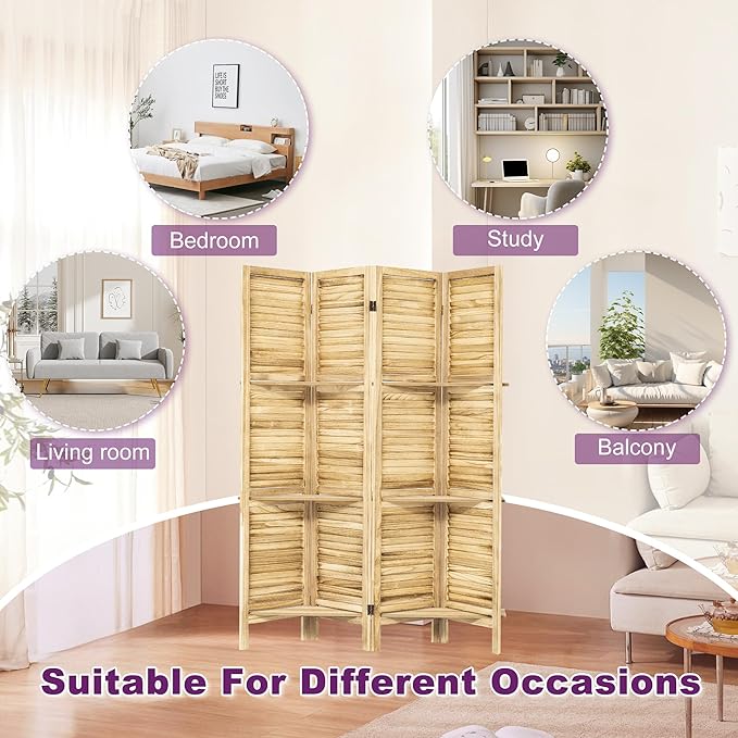 Room Divider with Shelves, 5.6FT Folding Room Divider Panel, 4 Panel Wood Partition Wall Divider for Room Separation, Natural Wood-DeskLoop Office