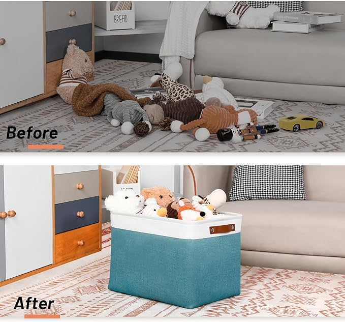 DULLEMELO Large Storage Basket, Collapsible Storage Bins Decorative Storage Baskets for Home Shelves Bedroom, Linen Fabric Basket with Leather Handles for Toys Books Organizing(White&Teal-DeskLoop Office