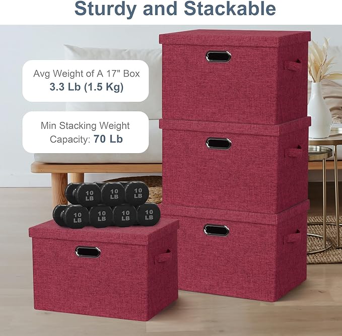 Large 17" 36 Quart Collapsible Stackable Storage Bins with Lids, 3 Packs Bright Red Linen Fabric Closet Boxes with Lids, Storage Cube Baskets Container Organizers for Office (17x12x11)-DeskLoop Office
