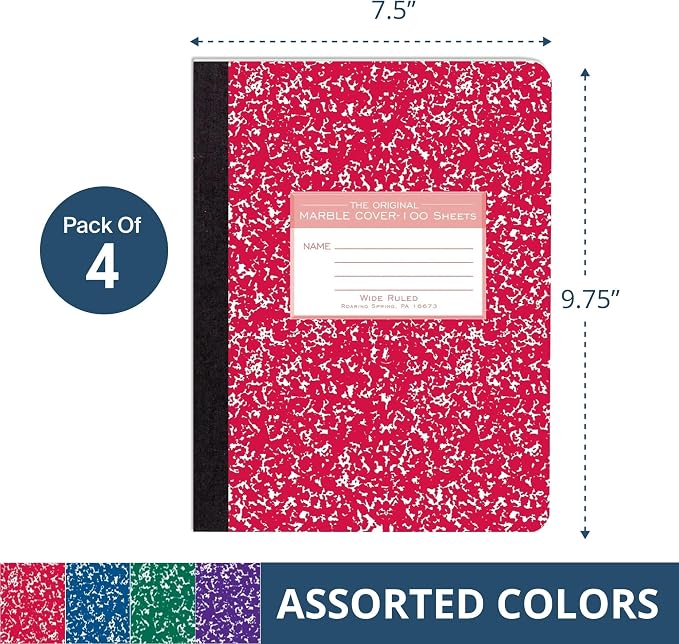 ROARING SPRING Hard Cover Composition Notebook, 4 Pack, 9.75″ x 7.5″, Wide-Ruled - Image 3