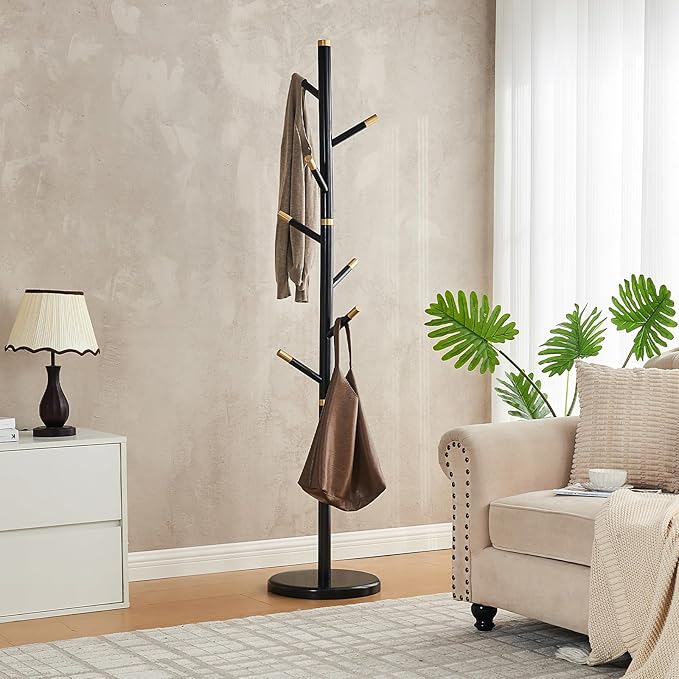 Uniclinens Coat Rack Freestanding Solid Wood Coat Tree Standing with 7 Hooks, Coat Rack Stand Creative Tree Branch-look (Black)-DeskLoop Office