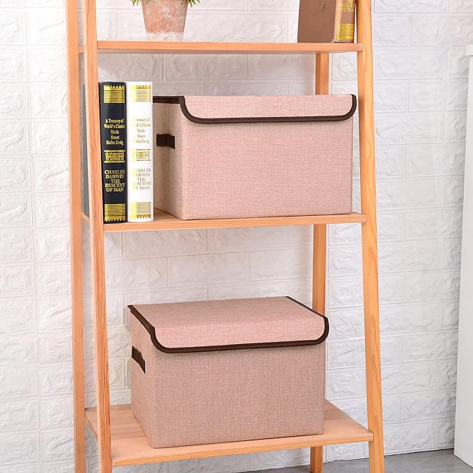 Linen Fabric Foldable Storage Cube Bin Organizer Basket with Flip-Top Lid & Handles, Large Clothes Blanket Box for Home, Office, Closet, Pink, 4 Pack 14.6 x 9.5 x 9.5”-DeskLoop Office