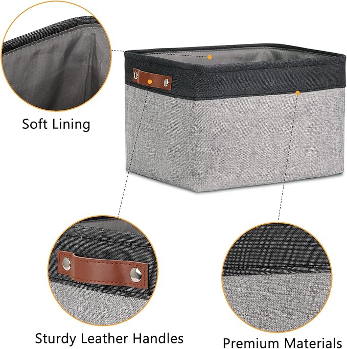 DULLEMELO Fabric Baskets for Storage, Rectangular Fabric Storage Bins Collapsible, Perfect for Shelves, Closets, Nursery, Empty Gift Baskets (3-Pack Medium-15 inch X 11 inch X 9.5 inch , Black&Grey)-DeskLoop Office