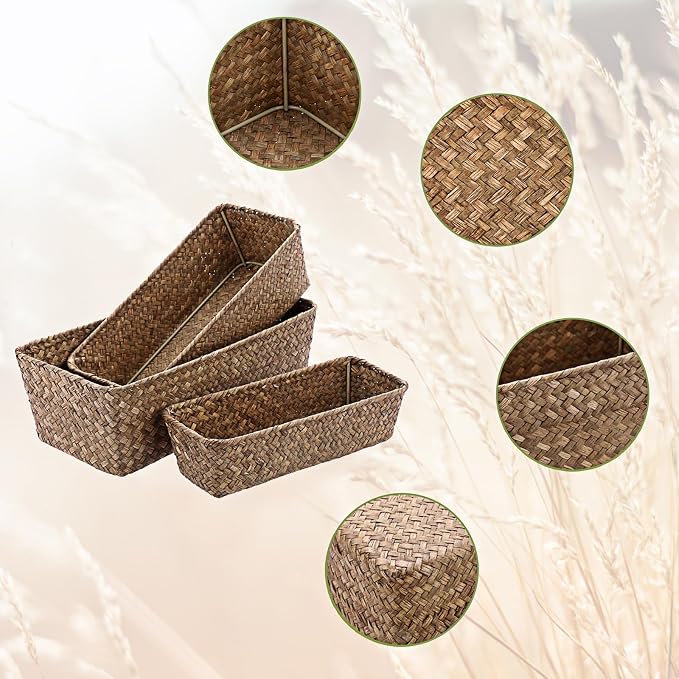 3 Natural Wicker Basket Set Rectangular Handwoven Seagrass Basket Storage Bins - Image 5