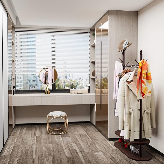 2-Tier Coat Rack Freestanding, Easy Assemble 8 Hooks Wooden Coat Rack with Shoe Storage Sturdy Coat Tree Save Space, Rustic Coat Stand for Entryway, Bedroom, Office (Dark Brown)-DeskLoop Office