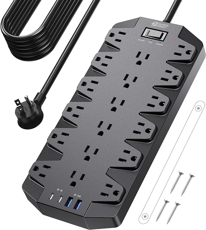 18 Widely Outlets Power Strip, SUPERDANNY Surge Protector with 4 USB Ports, 15FT Flat Plug Heavy Duty Extension Cord, 2100J, 1875W/15A, Wall Mount Holes for Home, Office, Dorm, Black-DeskLoop Office