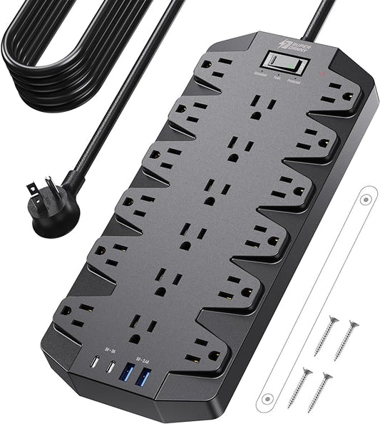18 Widely Outlets Power Strip, SUPERDANNY Surge Protector with 4 USB Ports, 15FT Flat Plug Heavy Duty Extension Cord, 2100J, 1875W/15A, Wall Mount Holes for Home, Office, Dorm, Black-DeskLoop Office