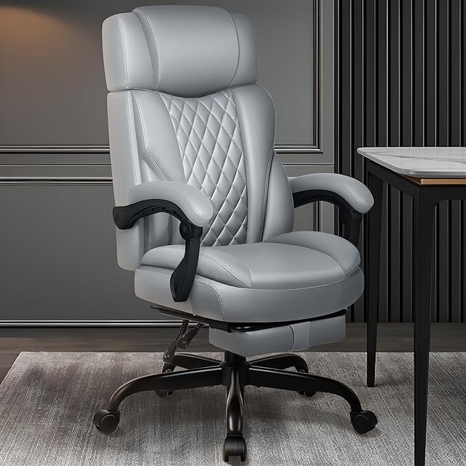 Executive Leather Office Chair, Big and Tall Desk Chair with Footrest Home Office Desk Chairs, Ergonomic Computer Desk Chair with Lumbar Support, Reclining Chair with Adjustable Angle-DeskLoop Office