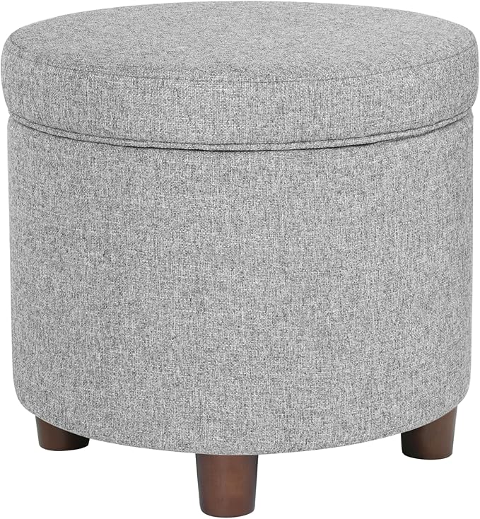 Homepop Home Decor | Upholstered Round Storage Ottoman | Ottoman with Storage for Living Room & Bedroom, Light Gray Tweed-DeskLoop Office