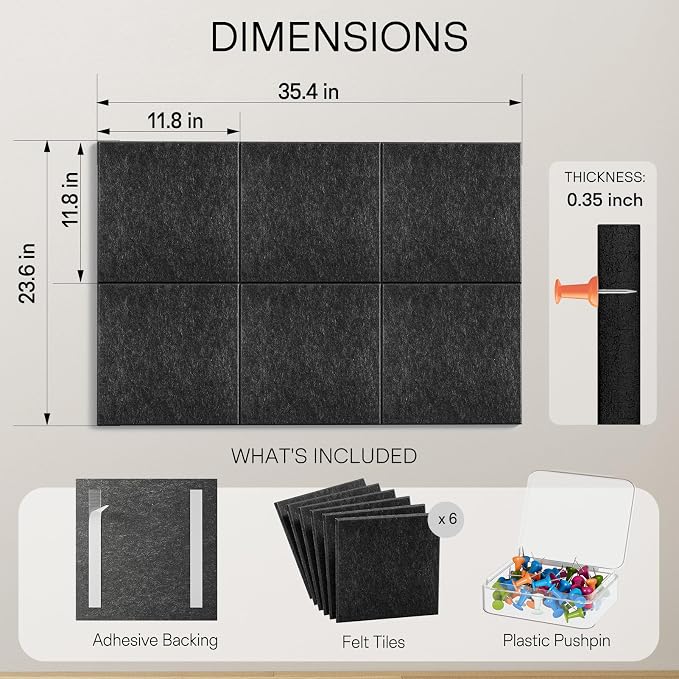 MaxGear Felt Bulletin Board 36" x 24", Dark Gray Felt Wall Tiles Push Pins | - Image 4