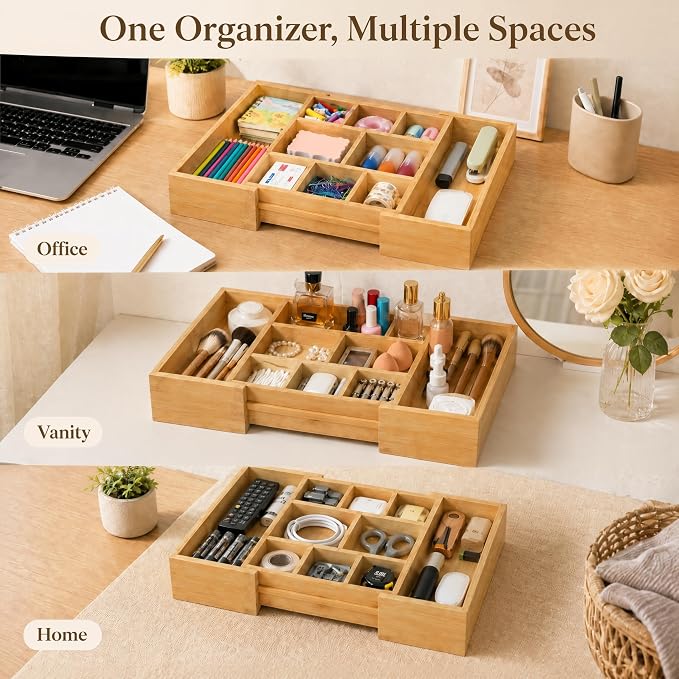 Bamboo Drawer Organizer Expandable Desk Storage Set, 10 Adjustable Compartment - Image 7
