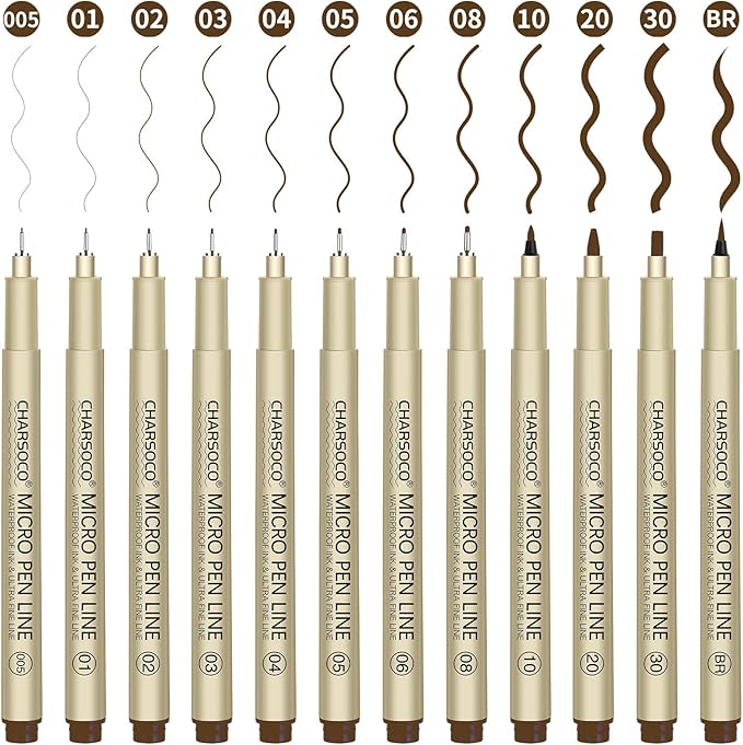 Brown Micro Pens, 12 Sizes in 0.23mm - 5mm, Waterproof Archival Ink, Fine Point Pen for Artist Illustration, Sketching, Anime, Manga and Technical Drawing-DeskLoop Office