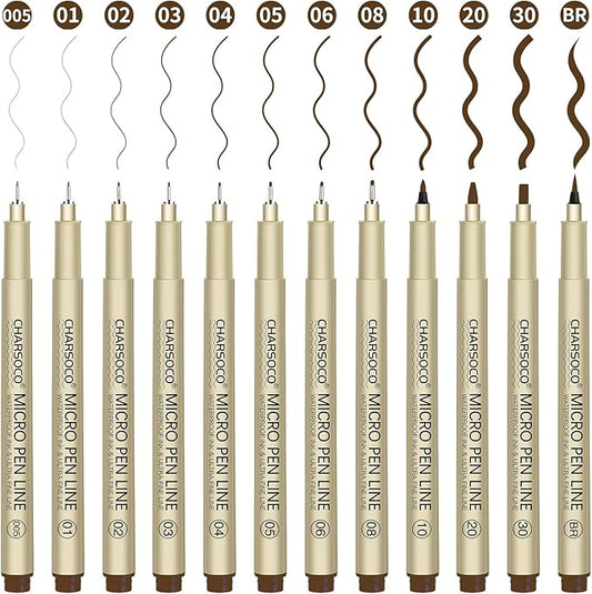 Brown Micro Pens, 12 Sizes in 0.23mm - 5mm, Waterproof Archival Ink, Fine Point Pen for Artist Illustration, Sketching, Anime, Manga and Technical Drawing-DeskLoop Office