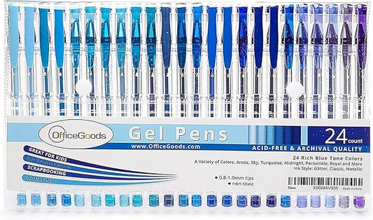 OfficeGoods Blue Gel Pens with Refills – Colored Adults Coloring Art – Medium 0.8-1.0mm Tips – Non-Toxic Gel Pens Set – Quick Dry Smudge-Free 24 Pack Colors-DeskLoop Office
