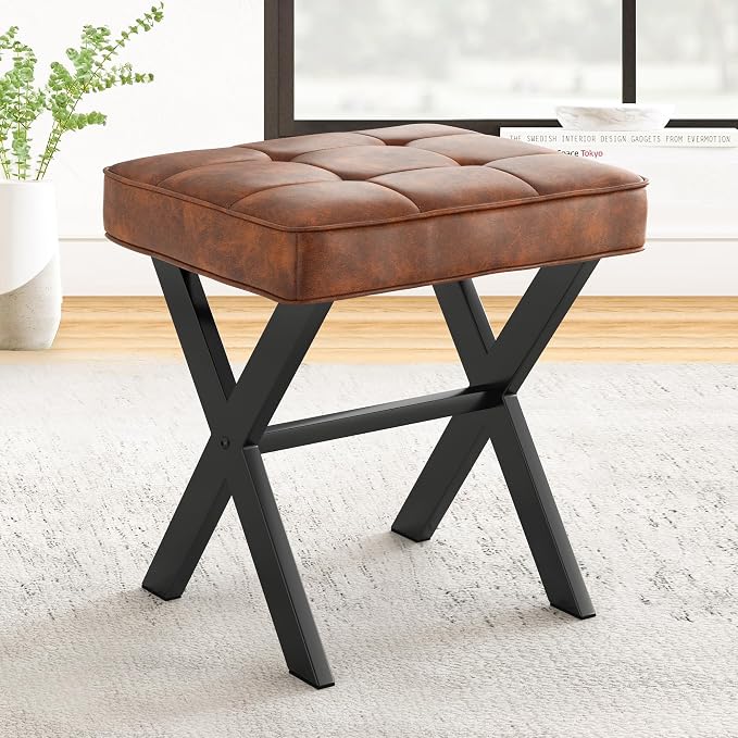 LUE BONA Vanity Stool, Square Faux Leather Makeup Stool by LUEBONA