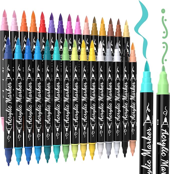 30 Colors Acrylic Paint Markers, Waterproof Dual Tip Acrylic Paint Pens with Brush and Fine Tip, Markers Set for Paper, Rock, Wood, Canvas, Glass, Ceramic and DIY Crafts Making Art Supplies-DeskLoop Office