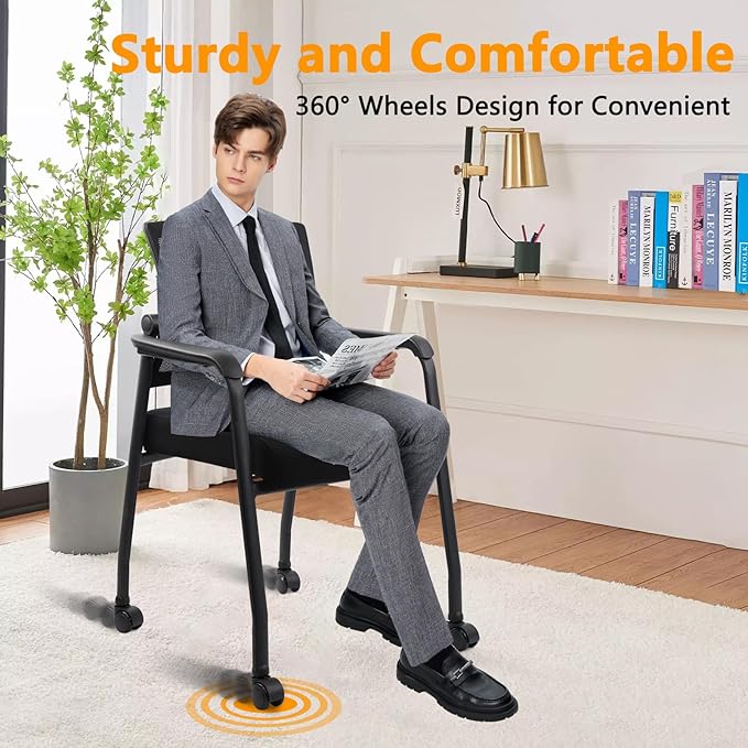 Waiting Room Chairs with Wheels, Adjustable Mesh Backrest, Desk Chair with Ergonomic Lumbar Support and Thickened Seats Cushion, 4 Pack Black-DeskLoop Office