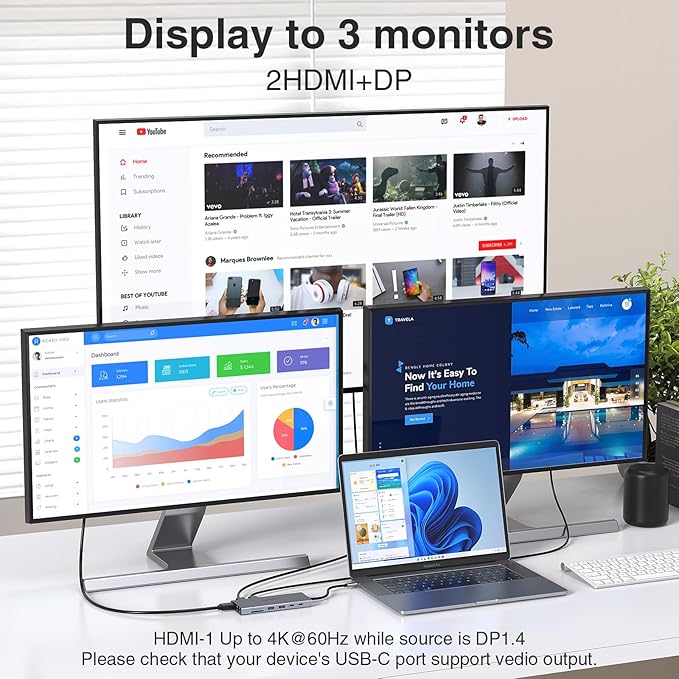 USB C Hub USB-C Docking Station Dual Monitor 14 in 1 Triple Display Multiport Adapter with 2 HDMI+DP+7 USB Type C/A Ports+Ethernet+Audio, USBC Dongle for Dell/HP/Lenovo ThinkPad/Surface(Grey)-DeskLoop Office