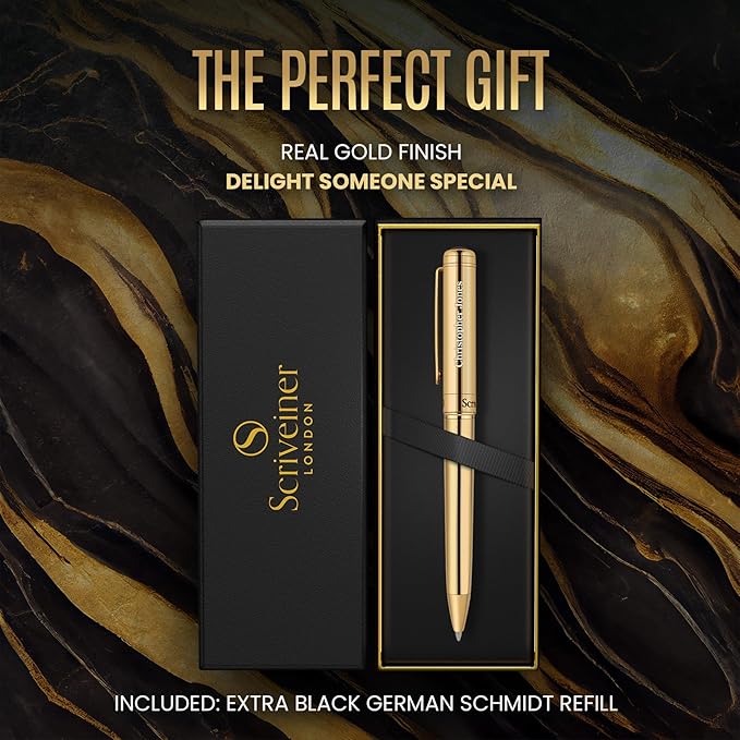 Scriveiner Personalized Gold Ballpoint Pen - Stunning Luxury Pen, Real Gold Plating, Schmidt Ink Refill, Best Engraved Ball Point Gift Set for Men & Women, Custom Name Engraving-DeskLoop Office