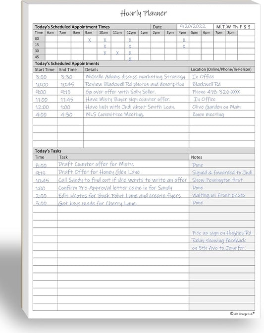 Hourly Planner Notepad. 60 Page Planning Pad w/Appointment Time Block, Task Log by LifeCharge
