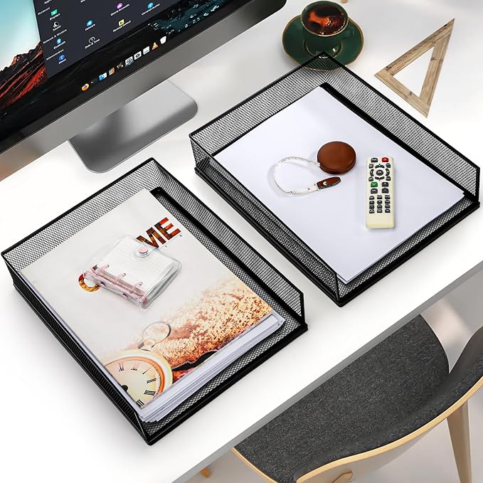 YOUEON 2 Pack Wire Mesh Letter Trays 12.8"x10"x2.9", Stackable Paper Tray - Image 8