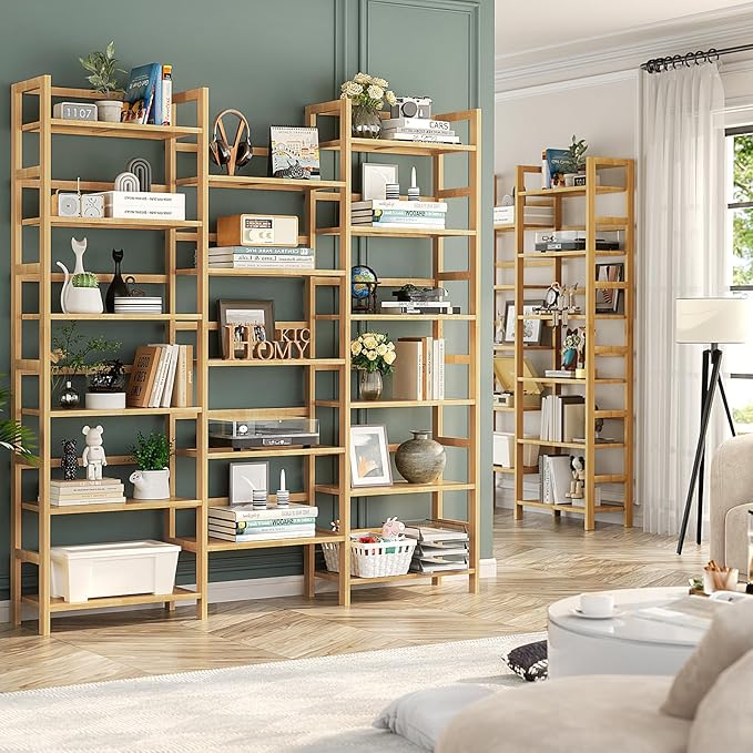 Homykic Bamboo Triple Wide Shallow Bookshelves and Bookcases, 6-Tier 6ft Tall Bookshelf with 17 Open Display Shelves, Large Freestanding Book Shelf for Home Office, Bedroom, Living Room, Natural-DeskLoop Office