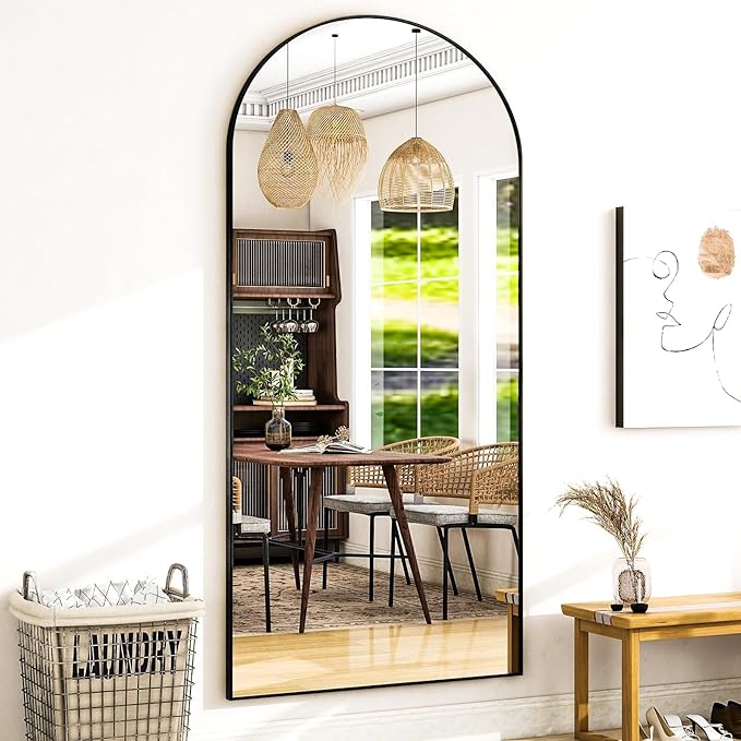Full Body Mirror 26x71 inch Arched Full Length Mirror with Stand Aluminum Wall Mounted Hanging or Leaning Standing Mirrors,Black-DeskLoop Office