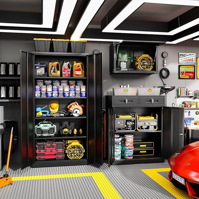 Greenvelly Metal Storage Cabinet with Drawers, 36' Black Steel Garage & Office Storage with Doors and Adjustable Shelves, Locking Metal Tool Cabinet-DeskLoop Office