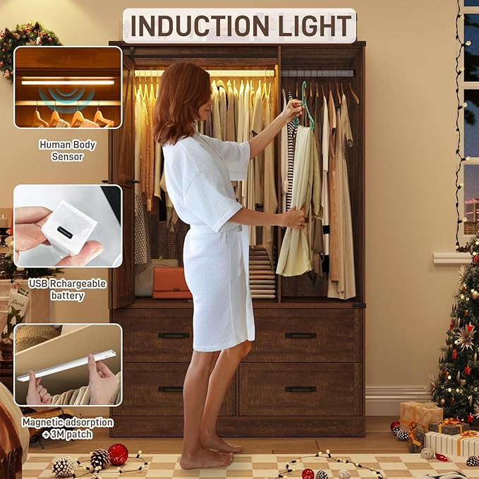 Farmhouse 3 Doors Armoire Wardrobe Closet w/Folding Sliding Barn Door and Lights, LED Armoire Closet w/Drawers for Bedroom, Freestanding Wooden Wardrobe Storage Closets w/Hanging Rod,Rustic Brown-DeskLoop Office