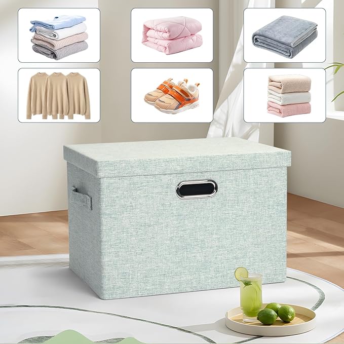 Large 17" 36 Quart Collapsible Stackable Storage Bins with Lids, 3 Packs Light Green Linen Fabric Closet Boxes with Lids, Storage Cube Baskets Container Organizers for Office (17x12x11)-DeskLoop Office