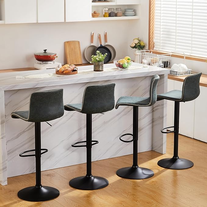HeuGah Bar Stools Set of 3, Swivel Counter Height Barstools with Back, Adjustable Height 24" to 32", Faux Leather Bar Chairs for Kitchen Island (Deep Teal, Set of 3 (24'' to 32''))-DeskLoop Office