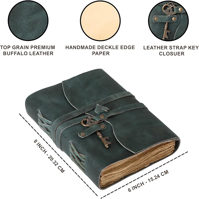 Leather Journal with Deckle Edge Paper 8x6 inch and Vintage Key | Handmade - Image 6