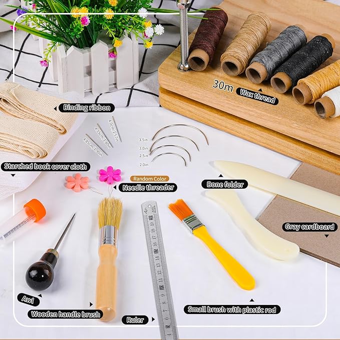 JUPEAN Book Binding Kits, Book Press, 7.9”x11.6”, Books Making Kit Bookbinding Supplies with Wooden Binding Press Books Cover Board Bone Folder Awl Bind Strap for DIY-DeskLoop Office