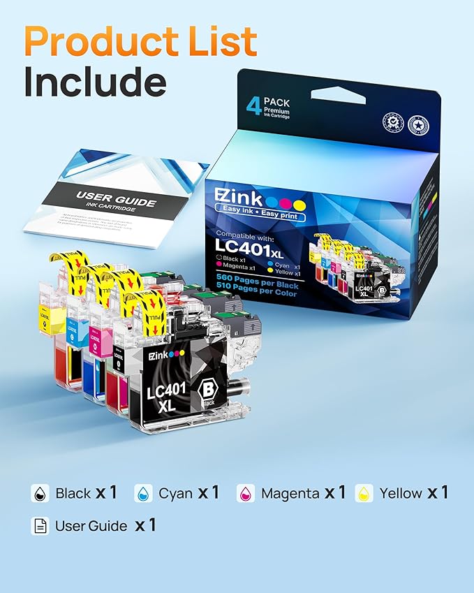 E-Z Ink Compatible LC401XL Ink Cartridge Replacement for Brother LC401 XL LC401XL LC 401 Ink High Yield to use with Brother MFC-J1010DW MFC-J1012DW MFC-J1170DW DCP-J1800DW DCP-J1140DW Printer (4 Pack)-DeskLoop Office