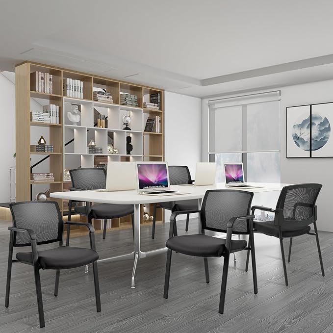 CLATINA Mesh Back Stacking Arm Chairs with Upholstered Fabric Seat and Ergonomic Lumber Support for Office School Church Guest Reception Black-DeskLoop Office