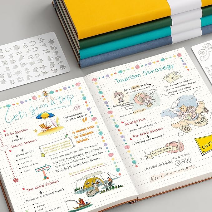 AHGXG Bullet Dotted Journal - Large A4 Notebook Dotted, 8.5''×11'', 320 Pages Dot Grid Notebook, 100gsm Thick Paper, Leather Softcover, with Journal Stencils, Inner Pocket - Cyan-DeskLoop Office