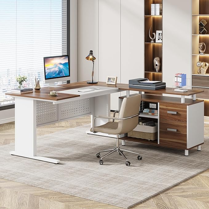 Tribesigns 63 Inch Executive Desk with File Cabinet, L Shaped Office Desk with Drawers and Storage Shelves, Business Furniture Set Workstation for Home Office, White and Walnut-DeskLoop Office
