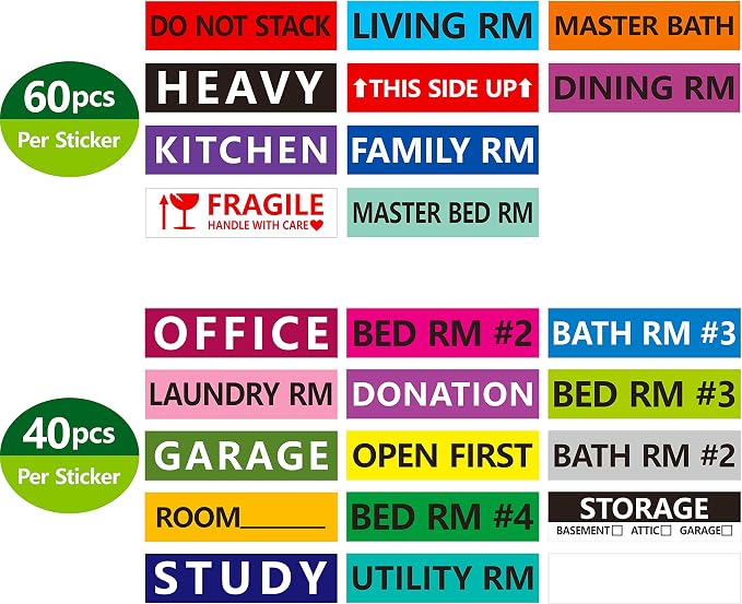1200 Pcs 25 Designs Pre-Printed Color-Coded Home Moving Box Labels - Image 2