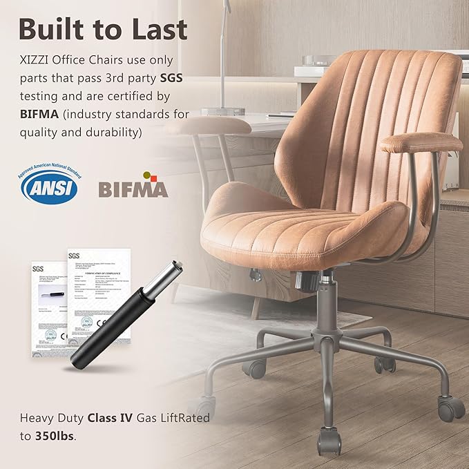 Mid Century Modren Office Chair - Mid Back Swivel Executive Chair with Lumbar Support,Ergonomic Computer Desk Chair with Wheels,Faux Lether Suede Task Chair,350lbs (Brown, Mid Back)-DeskLoop Office